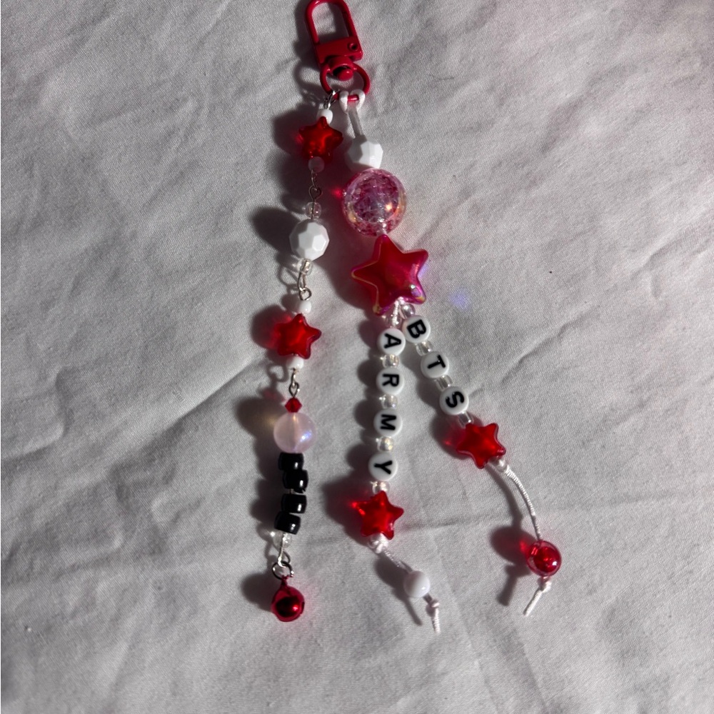 Red and White Beaded Keychain with Stars